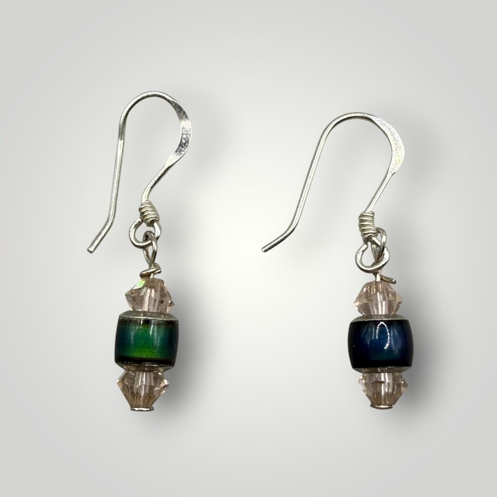 Sterling Silver Blue Green Glass Bead Crystal Dangle Drop Hook Earrings